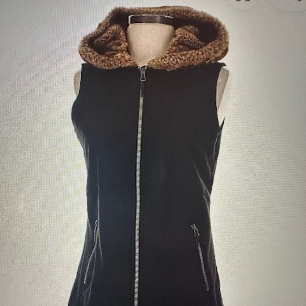 BLACK MARMOT VEST WITH FUR HOOD SMALL